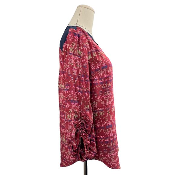 81 Poppies Print Tunic Blouse Rouched Long Sleeves V- Neck Silk USA XS - Picture 3 of 9